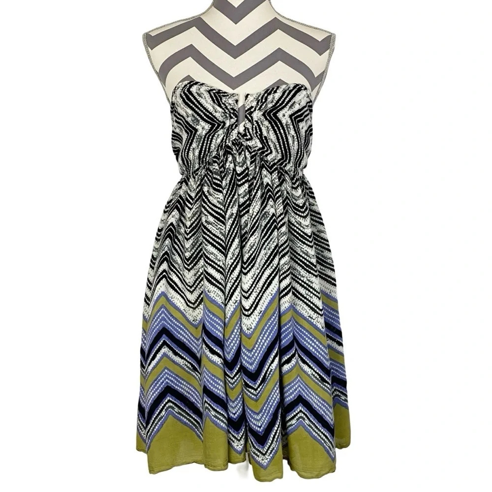 FP Free People Strapless Dress Womens Medium Printed Stripes Multi Open Back